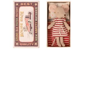 Maileg big sister mouse in a matchbox stripy dress red