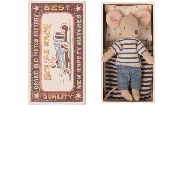 Maileg big brother mouse in a matchbox stripy top blue