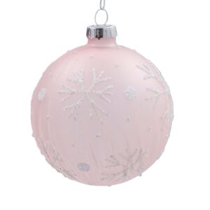 Glass Bauble 8cm Frosted Pink w Iridescent Snowflakes