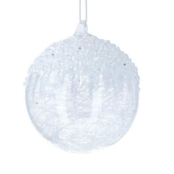 Glass Bauble Clear w Shreds White Beaded Top