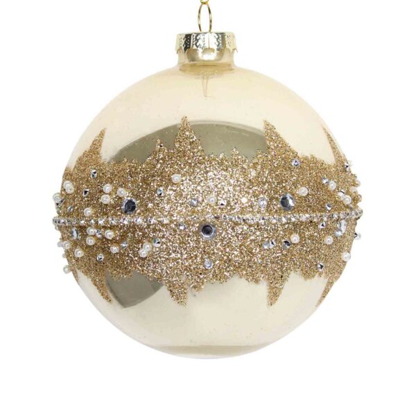 Glass Bauble - Laq Gold w Diamante Glitter Band