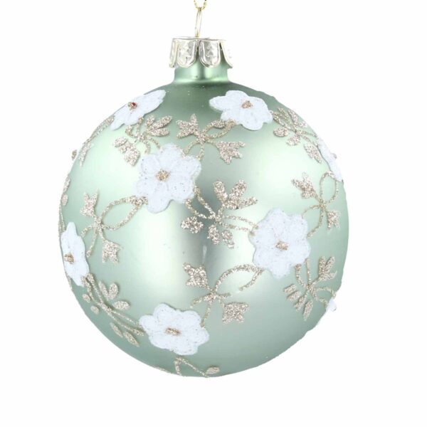 christmas bauble Matte Sage Green with White Flowers