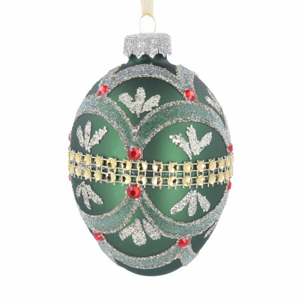 Green Glass Egg with Swags Diamantes Bauble